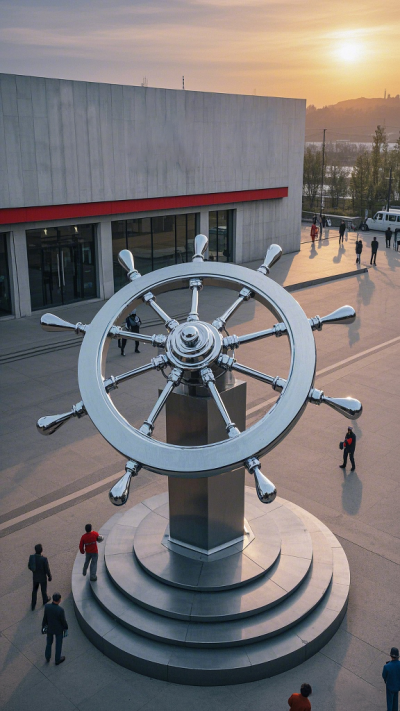 工業園區不銹鋼船舵雕塑