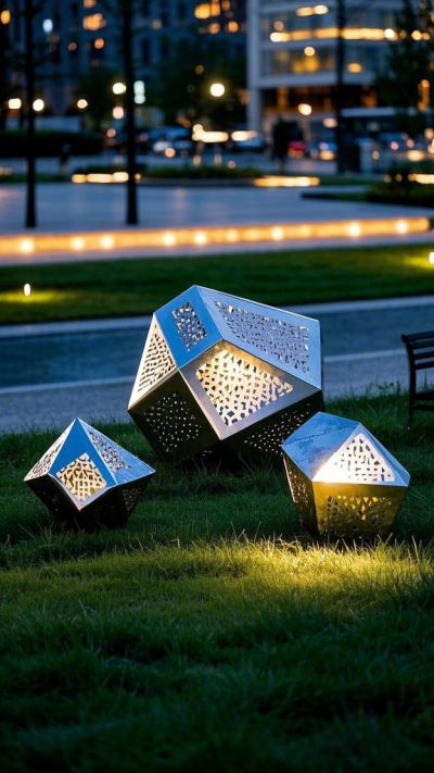 鏤空發光不銹鋼幾何石頭雕塑