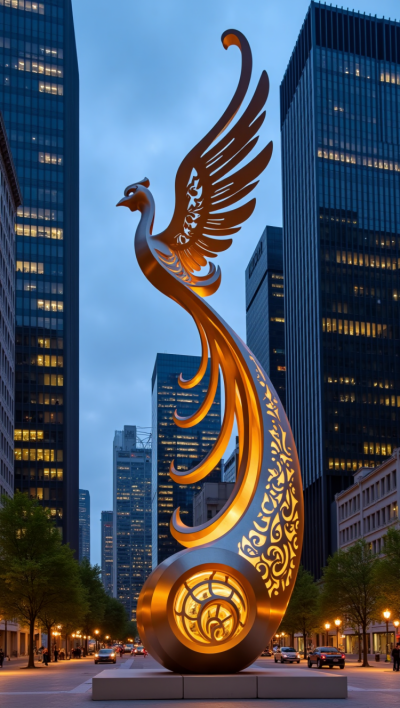 大型不銹鋼鏤空發光鳳凰雕塑