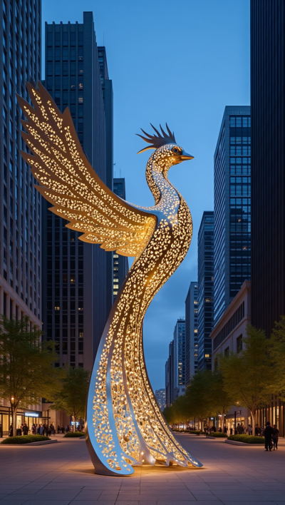 鏤空不銹鋼發光鳳凰景觀雕塑