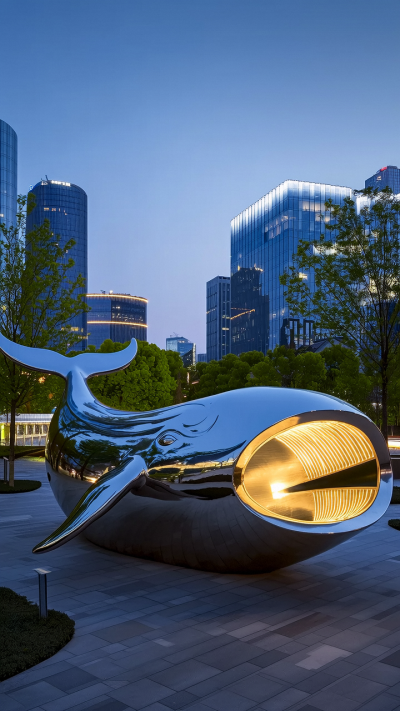 城市園林創意不銹鋼發光鯨魚雕塑