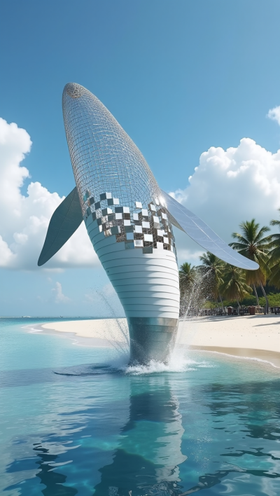 不銹鋼鏤空出水鯨魚雕塑