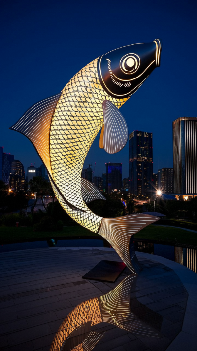 鏤空發(fā)光不銹鋼鯉魚雕塑