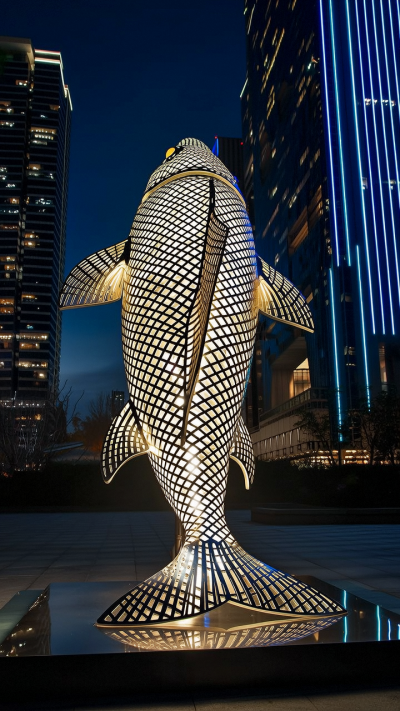 鏤空發光不銹鋼鯉魚雕塑