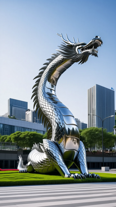大型鏡面不銹鋼神獸動(dòng)物龍雕塑