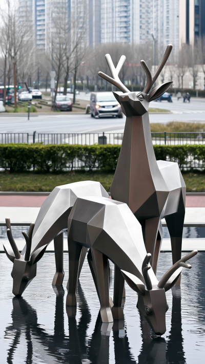 喝水的抽象不銹鋼梅花鹿雕塑