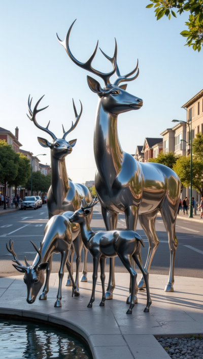 小區水景不銹鋼梅花鹿群雕塑