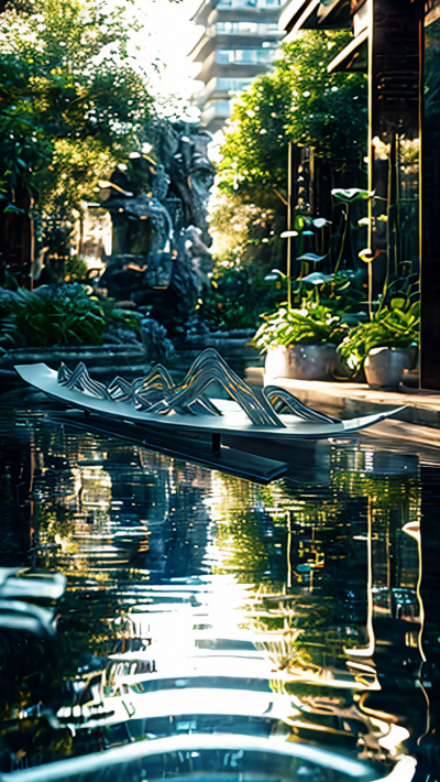 東方山水畫風格不銹鋼小船雕塑