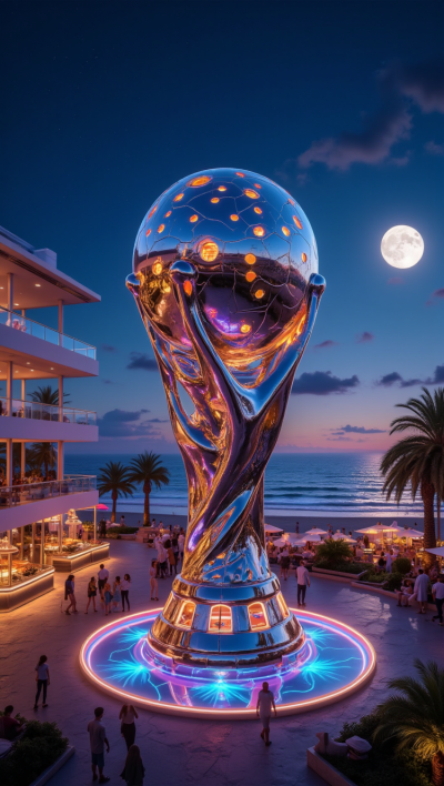 鏡面不銹鋼鏤空發光世界杯景觀雕塑