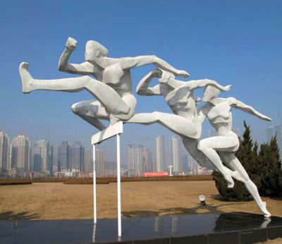 戶外園林不銹鋼景觀抽象運動跨欄景觀人物雕塑