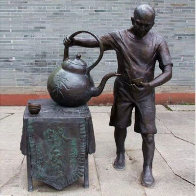 純銅鑄造倒茶人物銅雕塑
