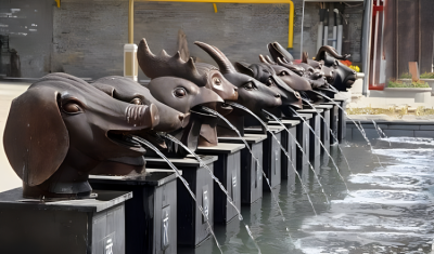 別墅小區(qū)定制噴泉流水景觀擺件玻璃鋼仿銅吐水十二生肖雕塑