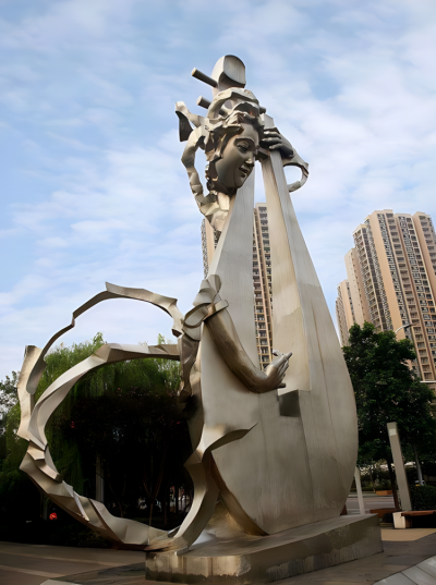 創意不銹鋼彈琵琶的古代人物雕塑