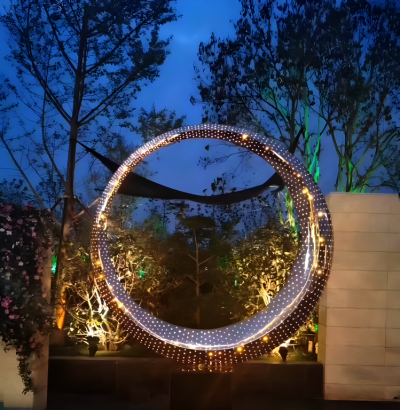庭院園林鏤空不銹鋼發光圓環雕塑